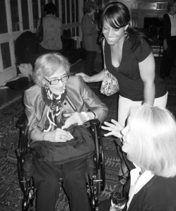 Mariam K. Chamberlain (left) with Angela Carlberg, the 2007-2008 Mariam K. Chamberlain Fellow (center) and Susan McGee Bailey (bottom right) of the Wellesley Centers for Women, at Dr. Chamberlain’s 90th birthday bash in New York City in 2008.